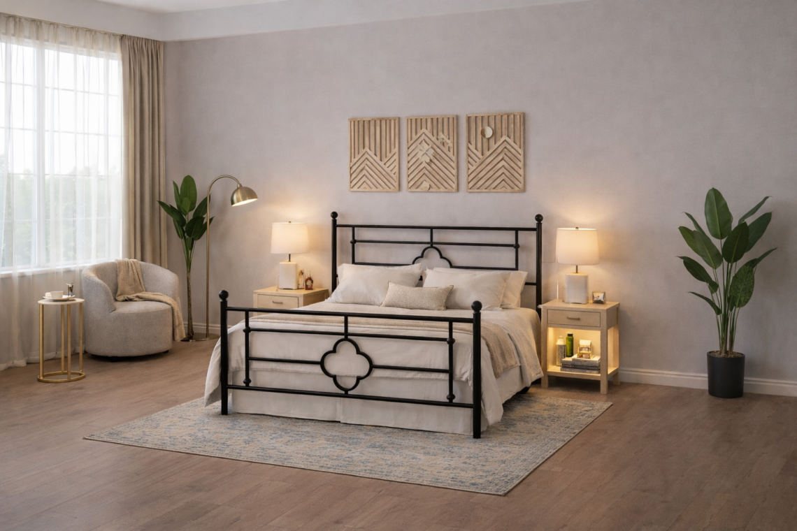 Modern cozy neutral Airbnb bedroom mockup with black bed frame, white bedding, neutral wall art, bedside lamps, large standing mirror, accent chair, and soft neutral rug.